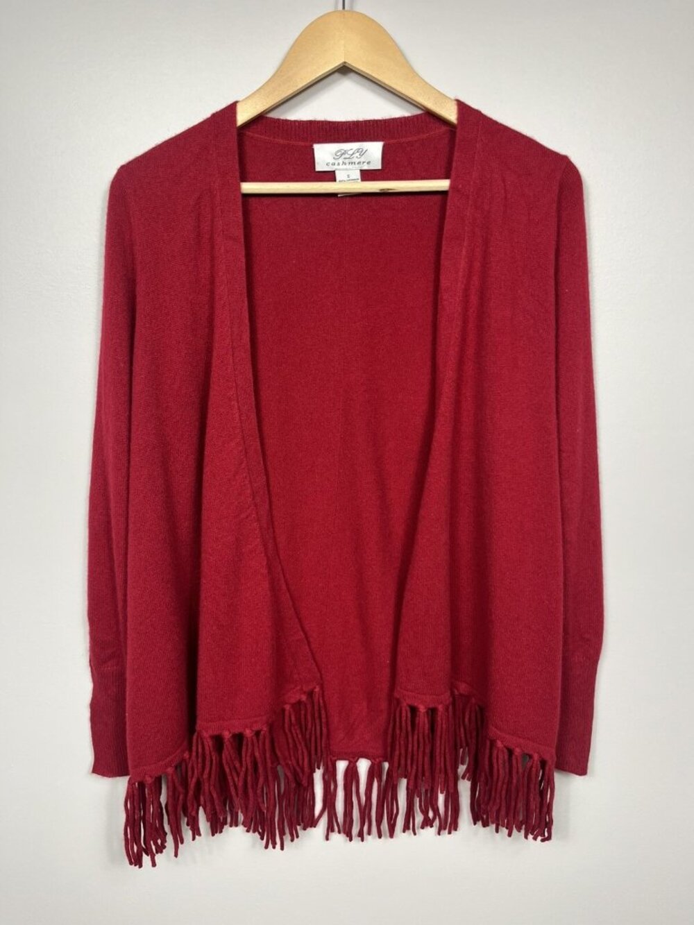 PLY Cashmere Sweater Womens Small Red Cardigan 100% Cashmere Open Fringe Bottom